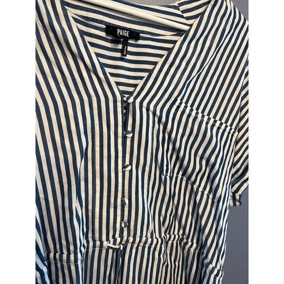 Paige Haidee Blue & White Striped Drawstring Wait Frayed Hem Women’s Dress Sz LG - Picture 3 of 10